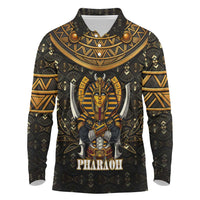 Pharaoh King Tut Egypt Long Sleeve Polo Shirt with Hieroglyphic Gold Pattern