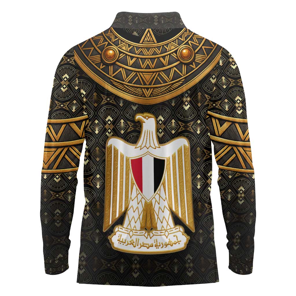 Pharaoh King Tut Egypt Long Sleeve Polo Shirt with Hieroglyphic Gold Pattern