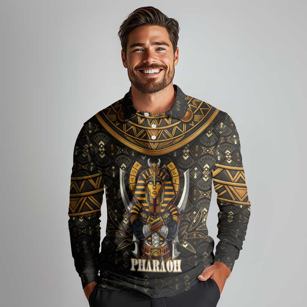 Pharaoh King Tut Egypt Long Sleeve Polo Shirt with Hieroglyphic Gold Pattern