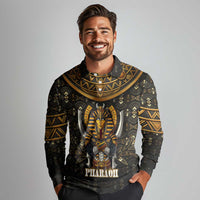 Pharaoh King Tut Egypt Long Sleeve Polo Shirt with Hieroglyphic Gold Pattern