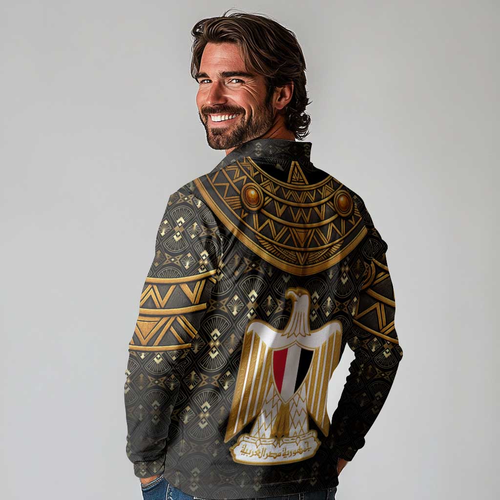 Pharaoh King Tut Egypt Long Sleeve Polo Shirt with Hieroglyphic Gold Pattern