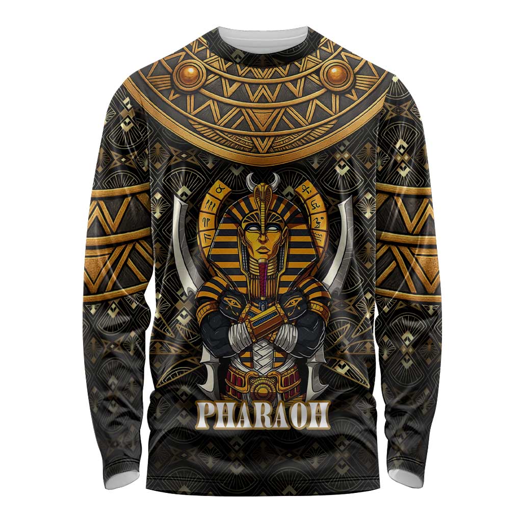 Pharaoh King Tut Egypt Long Sleeve Shirt with Hieroglyphic Gold Pattern
