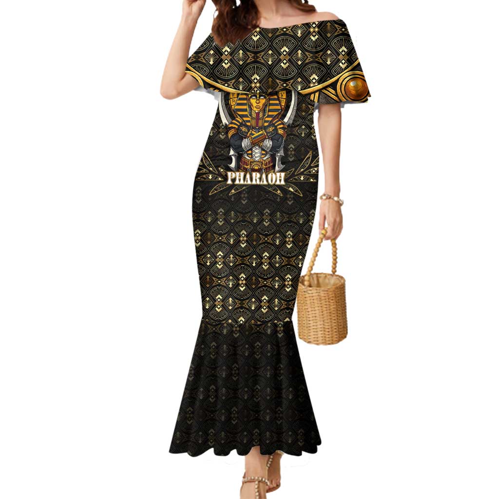 Pharaoh King Tut Egypt Mermaid Dress with Hieroglyphic Gold Pattern