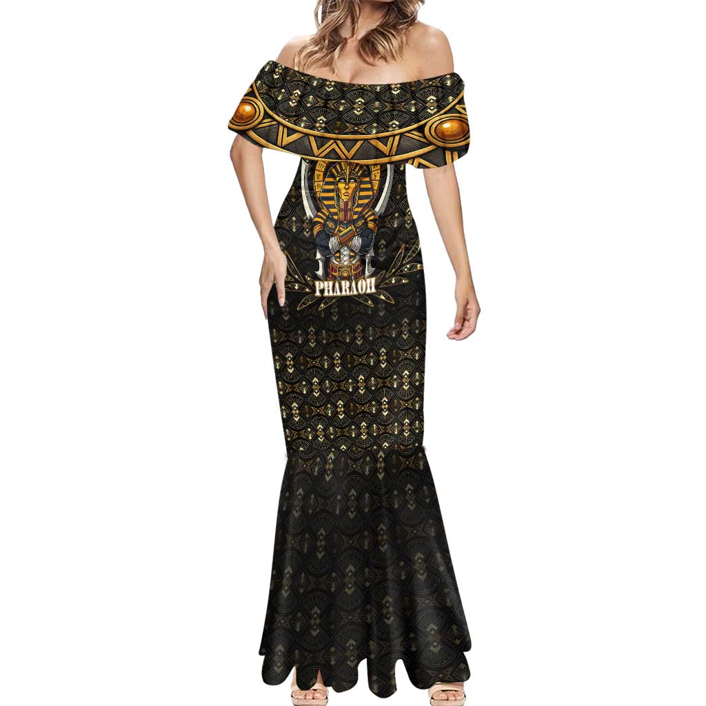 Pharaoh King Tut Egypt Mermaid Dress with Hieroglyphic Gold Pattern