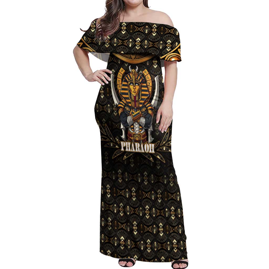 Pharaoh King Tut Egypt Off Shoulder Maxi Dress with Hieroglyphic Gold Pattern
