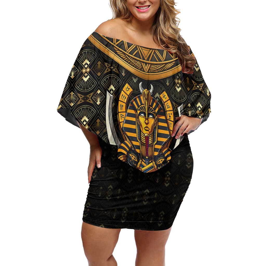 Pharaoh King Tut Egypt Off Shoulder Short Dress with Hieroglyphic Gold Pattern