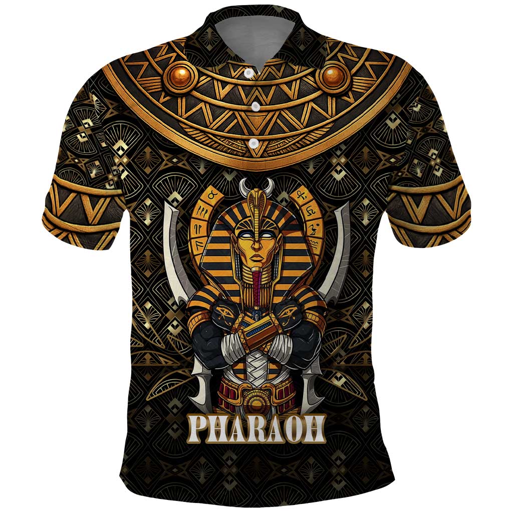Pharaoh King Tut Egypt Polo Shirt with Hieroglyphic Gold Pattern