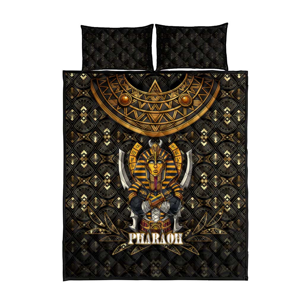 Pharaoh King Tut Egypt Quilt Bed Set with Hieroglyphic Gold Pattern