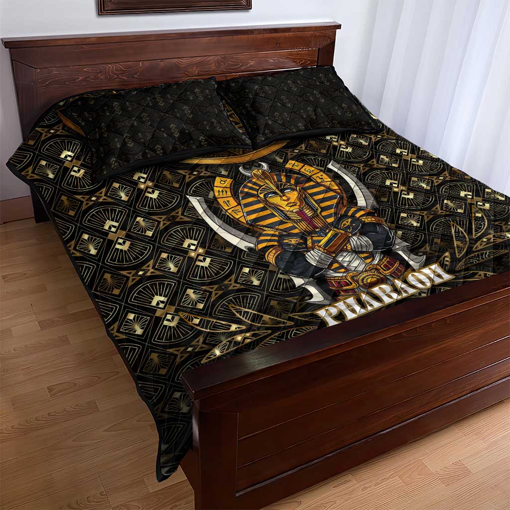 Pharaoh King Tut Egypt Quilt Bed Set with Hieroglyphic Gold Pattern