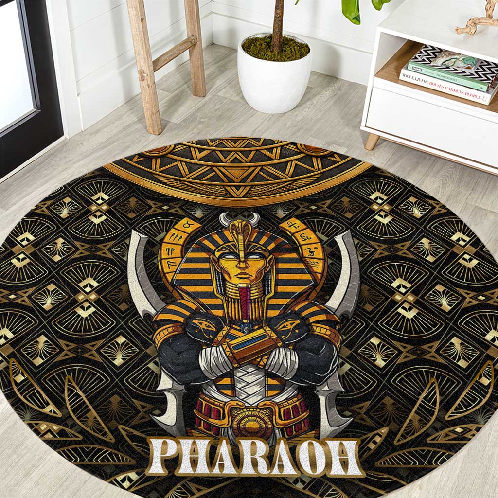 Pharaoh King Tut Egypt Round Carpet with Hieroglyphic Gold Pattern