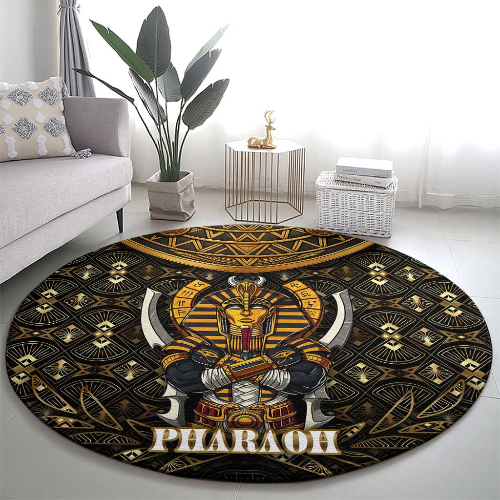 Pharaoh King Tut Egypt Round Carpet with Hieroglyphic Gold Pattern