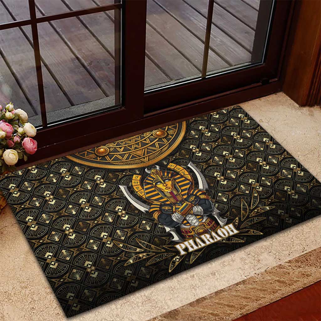 Pharaoh King Tut Egypt Rubber Doormat with Hieroglyphic Gold Pattern