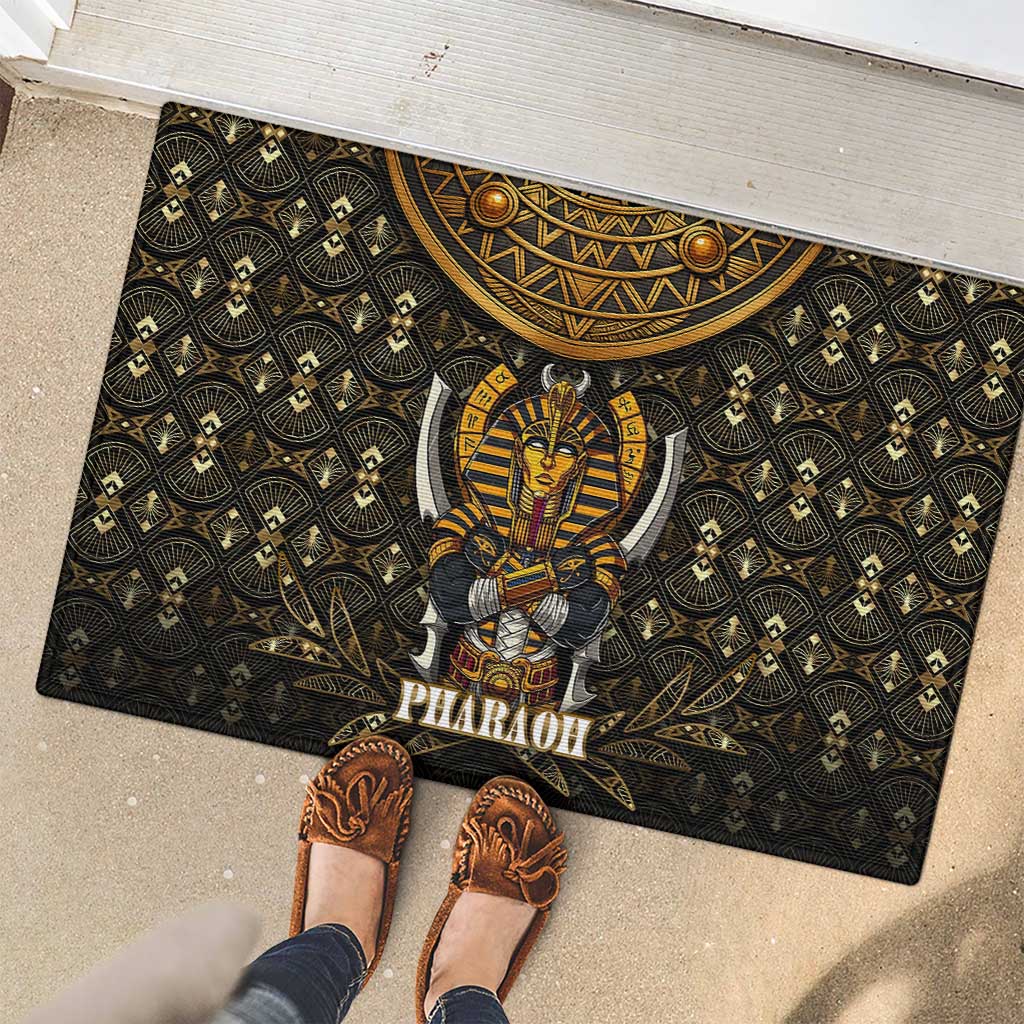 Pharaoh King Tut Egypt Rubber Doormat with Hieroglyphic Gold Pattern