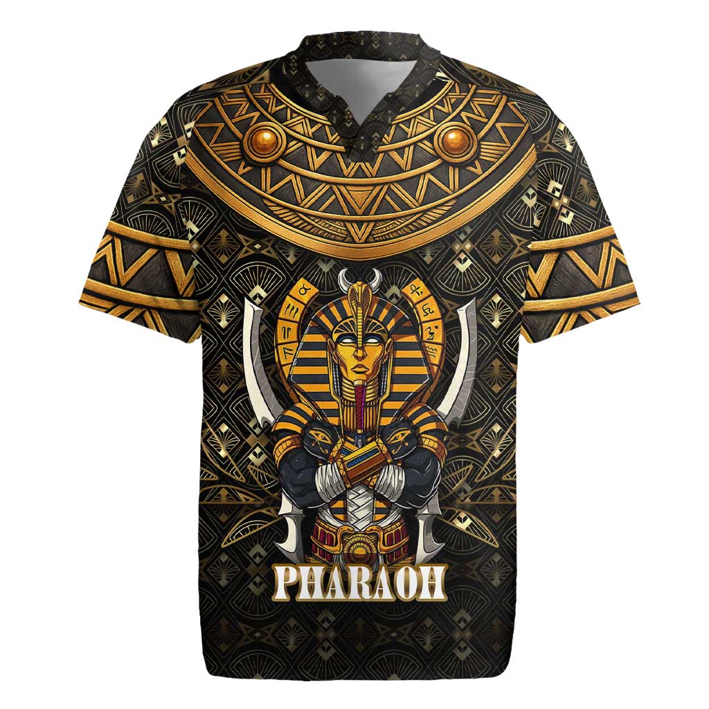 Pharaoh King Tut Egypt Rugby Jersey with Hieroglyphic Gold Pattern