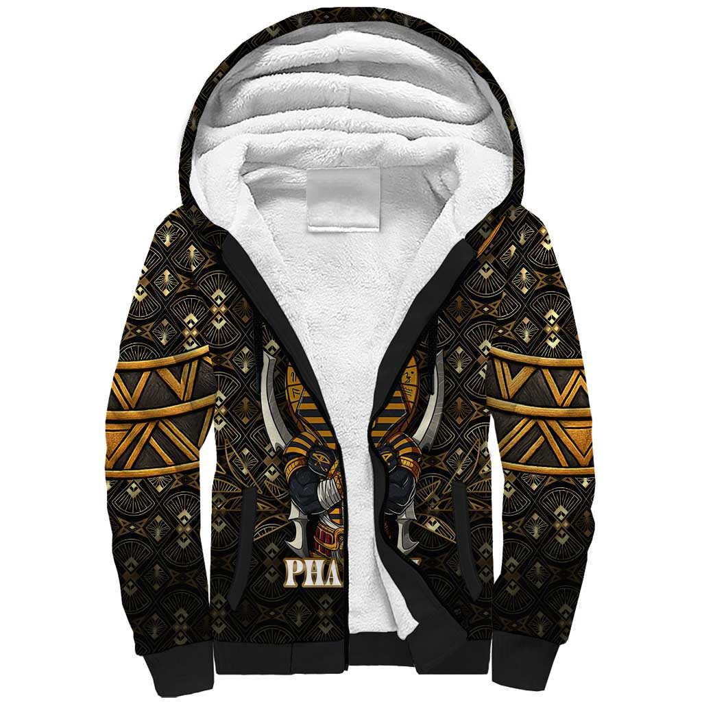 Pharaoh King Tut Egypt Sherpa Hoodie with Hieroglyphic Gold Pattern