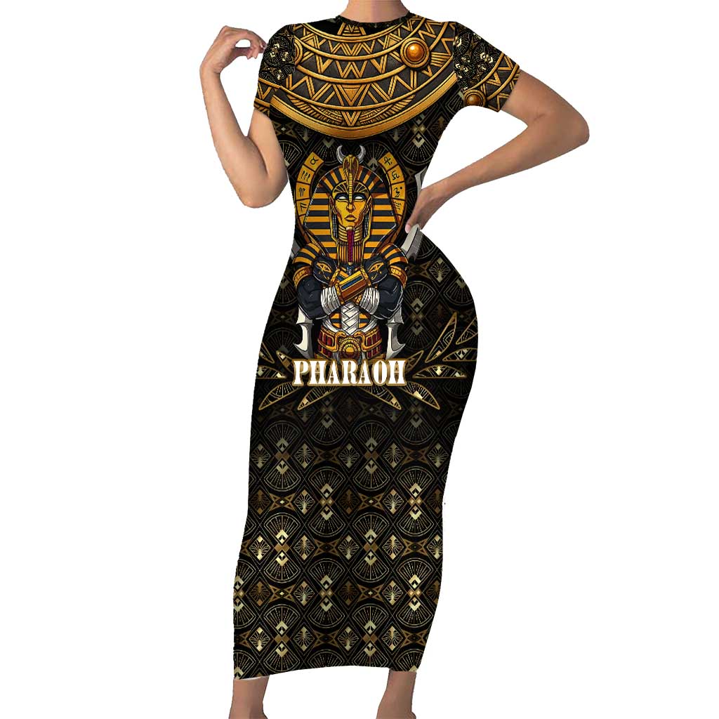 Pharaoh King Tut Egypt Short Sleeve Bodycon Dress with Hieroglyphic Gold Pattern