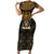Pharaoh King Tut Egypt Short Sleeve Bodycon Dress with Hieroglyphic Gold Pattern