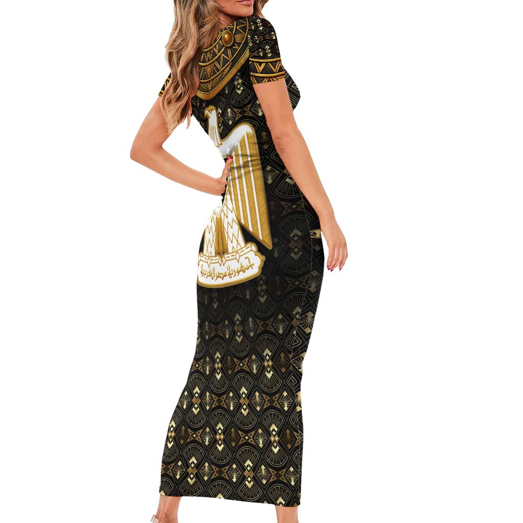 Pharaoh King Tut Egypt Short Sleeve Bodycon Dress with Hieroglyphic Gold Pattern