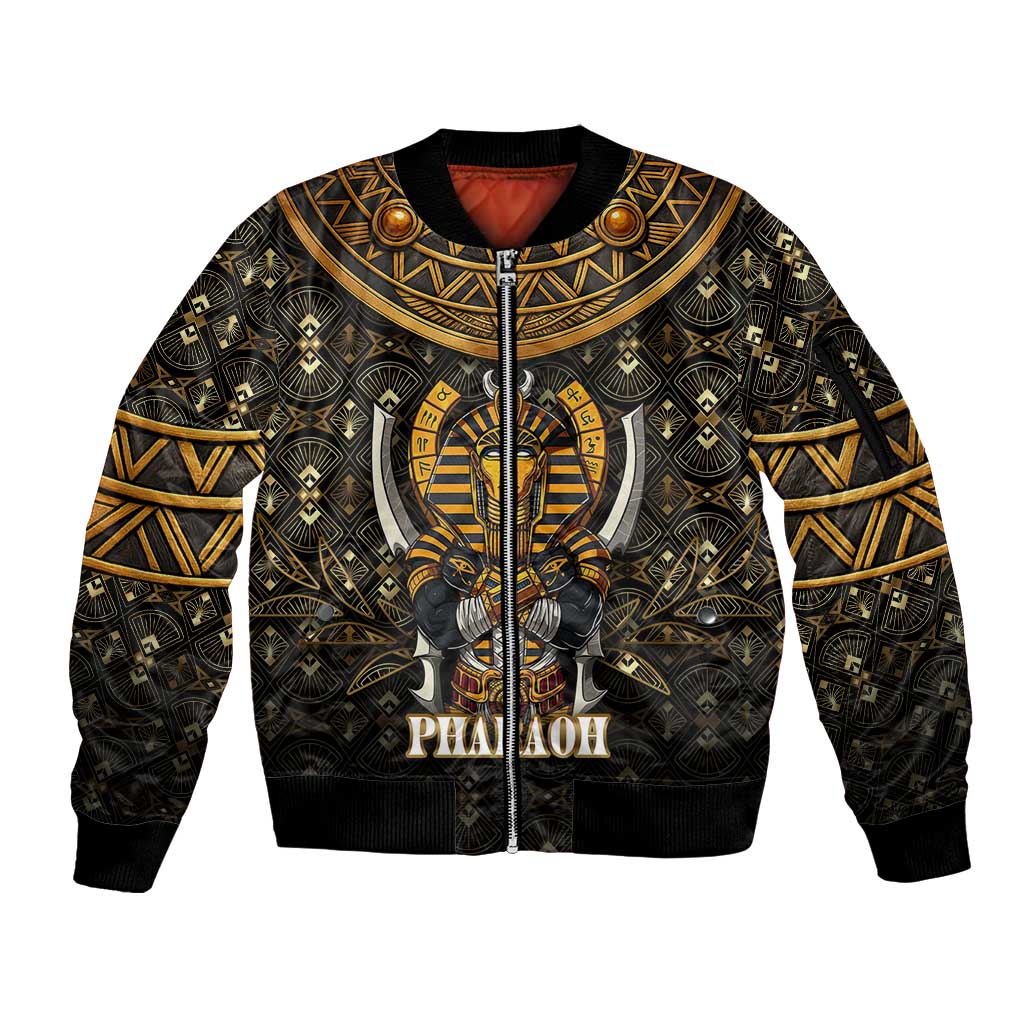 Pharaoh King Tut Egypt Sleeve Zip Bomber Jacket with Hieroglyphic Gold Pattern