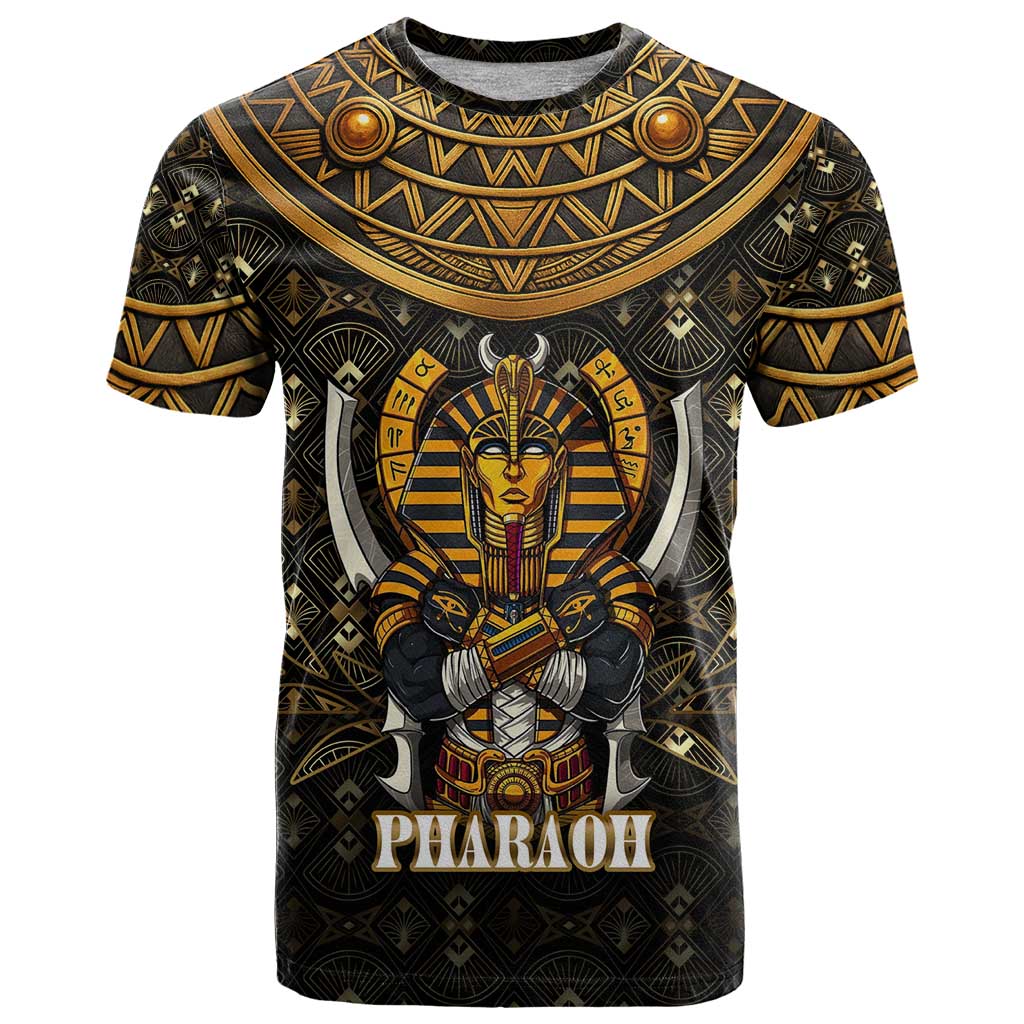 Pharaoh King Tut Egypt T Shirt with Hieroglyphic Gold Pattern