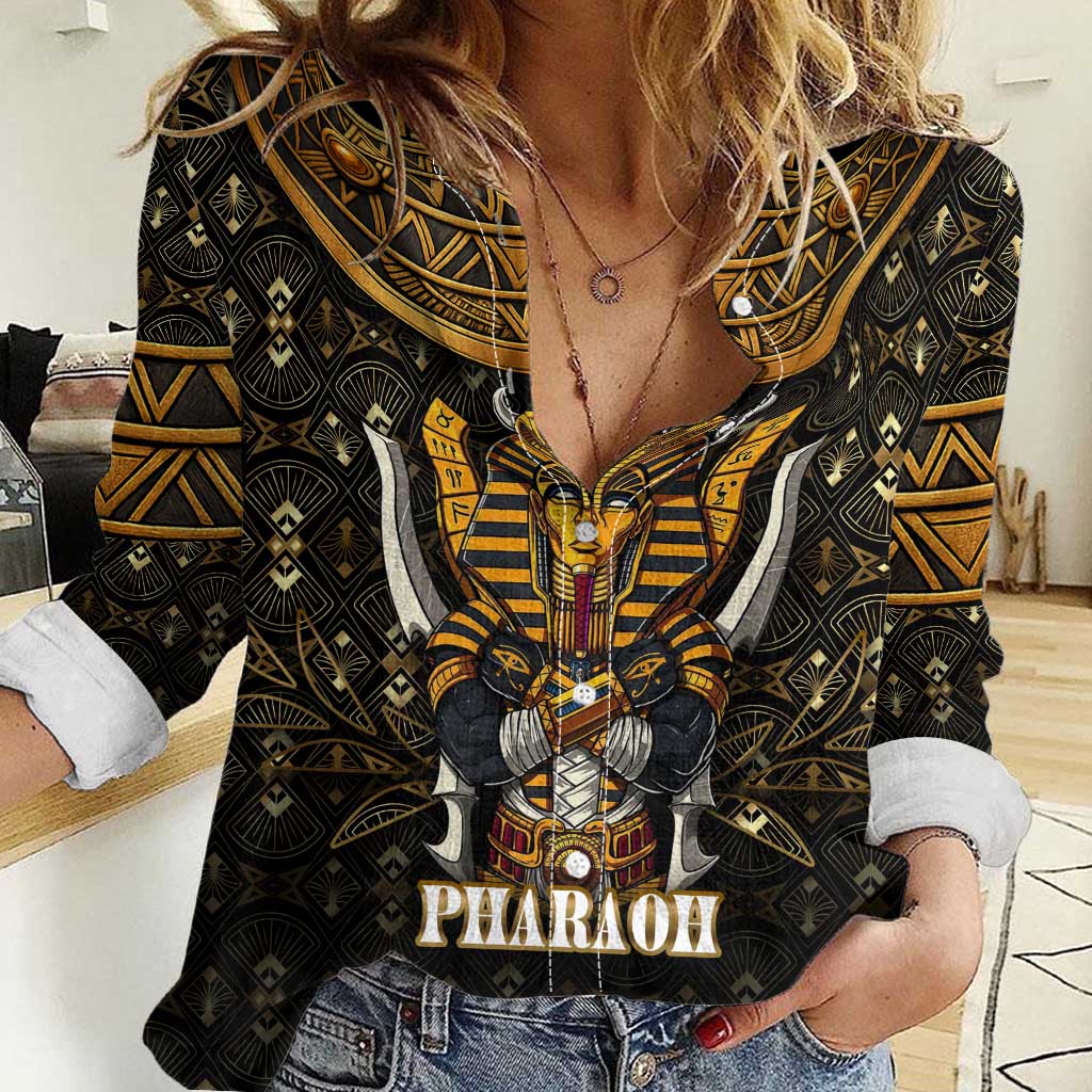 Pharaoh King Tut Egypt Women Casual Shirt with Hieroglyphic Gold Pattern