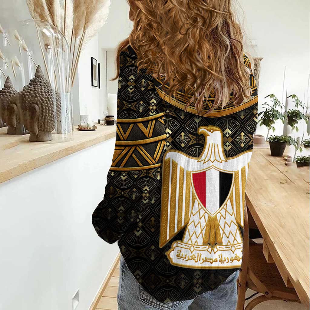 Pharaoh King Tut Egypt Women Casual Shirt with Hieroglyphic Gold Pattern