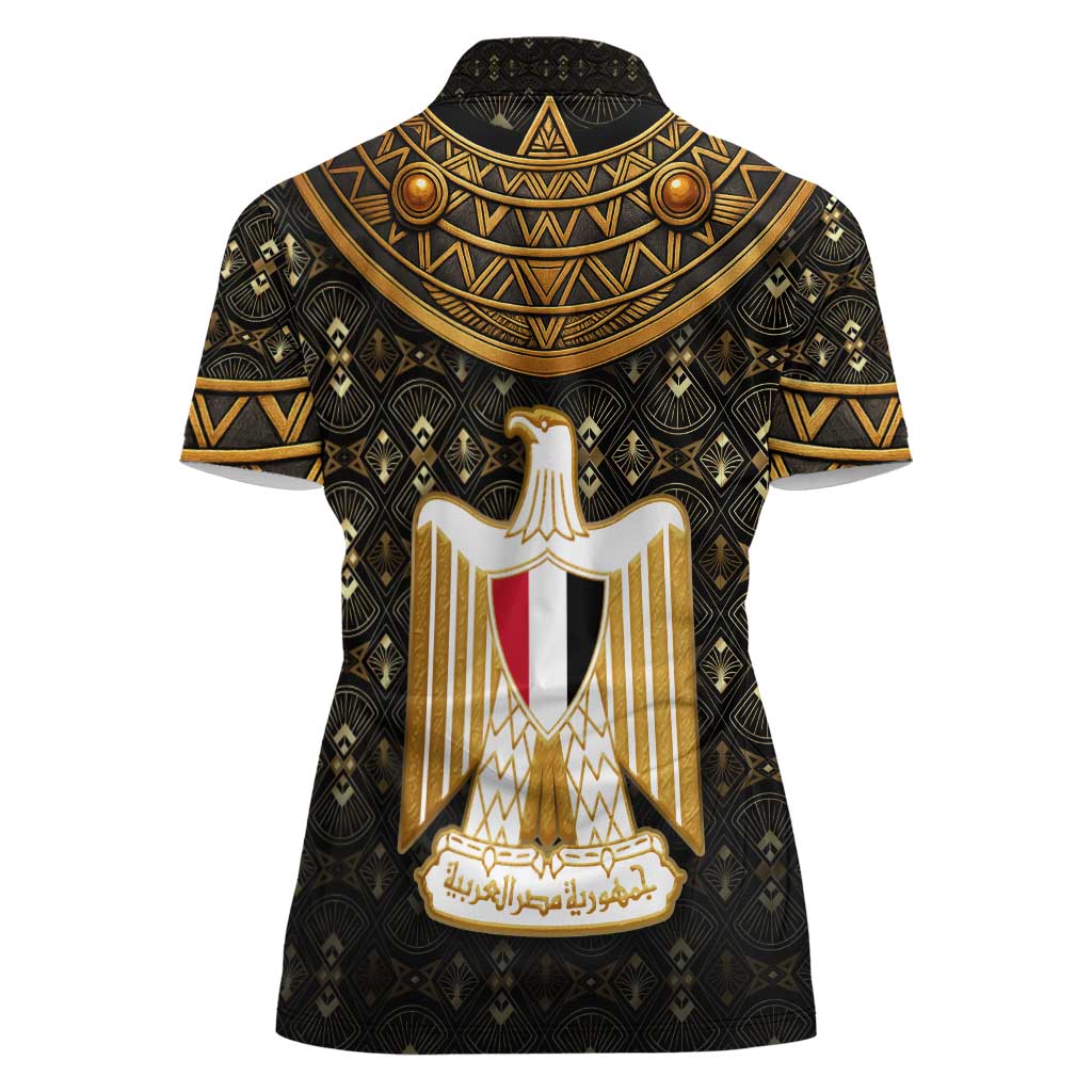 Pharaoh King Tut Egypt Women Polo Shirt with Hieroglyphic Gold Pattern