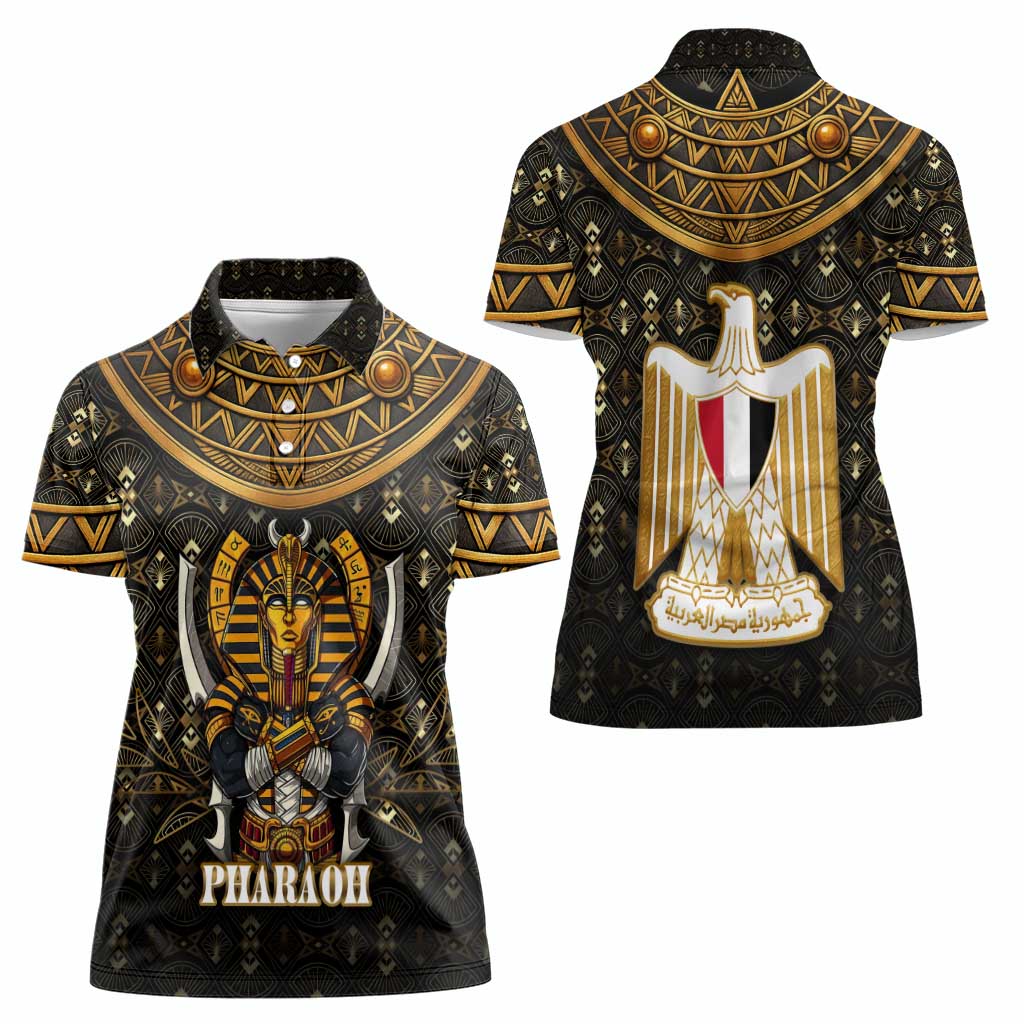 Pharaoh King Tut Egypt Women Polo Shirt with Hieroglyphic Gold Pattern