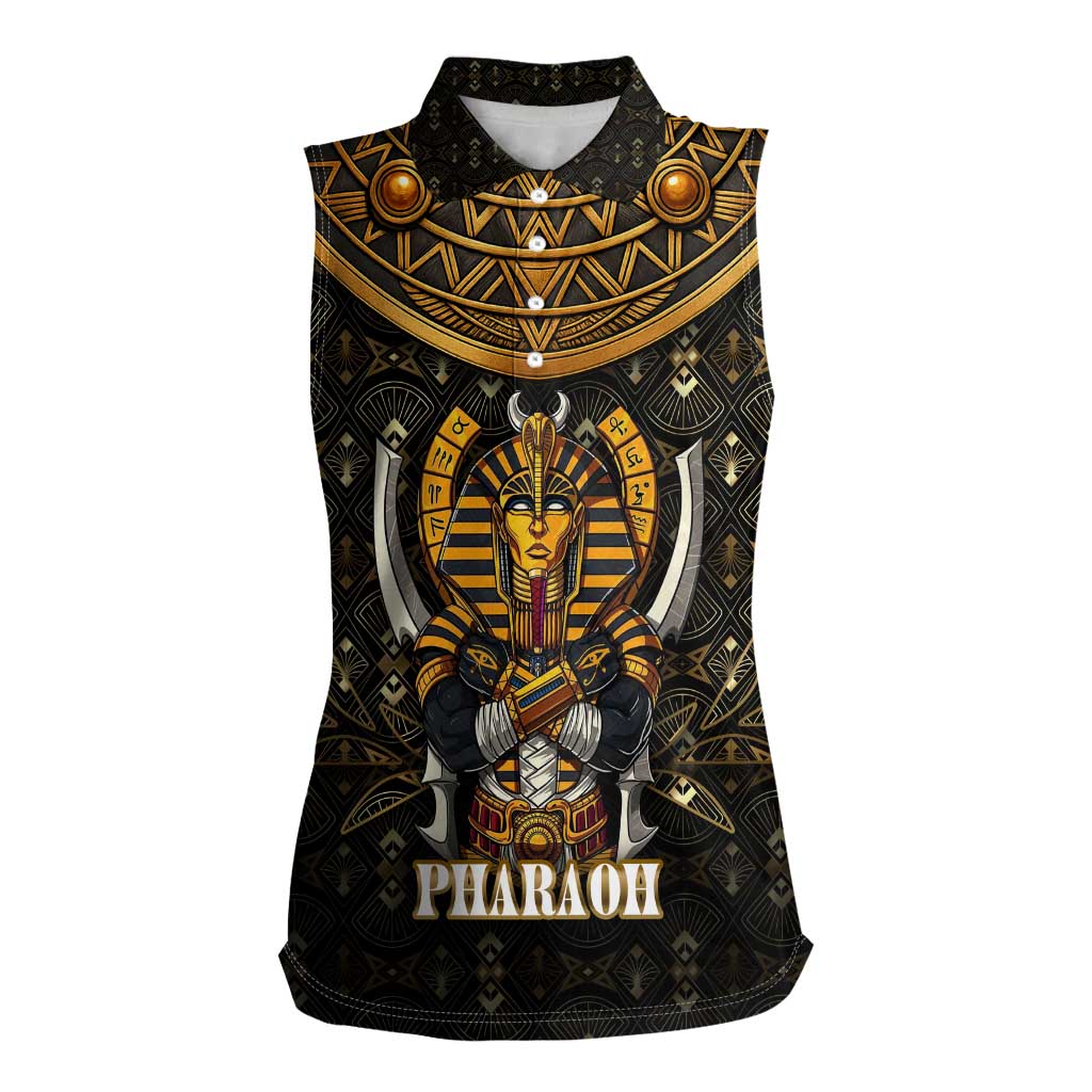 Pharaoh King Tut Egypt Women Sleeveless Polo Shirt with Hieroglyphic Gold Pattern