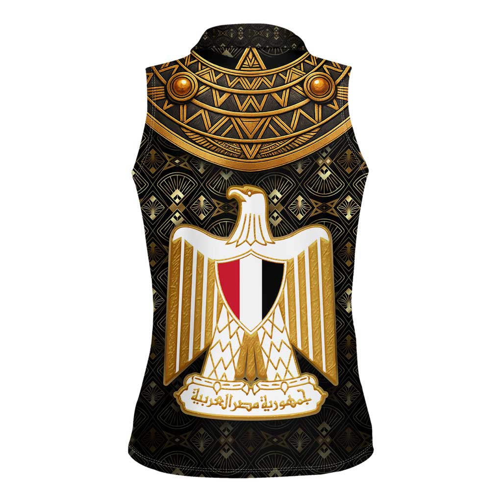 Pharaoh King Tut Egypt Women Sleeveless Polo Shirt with Hieroglyphic Gold Pattern