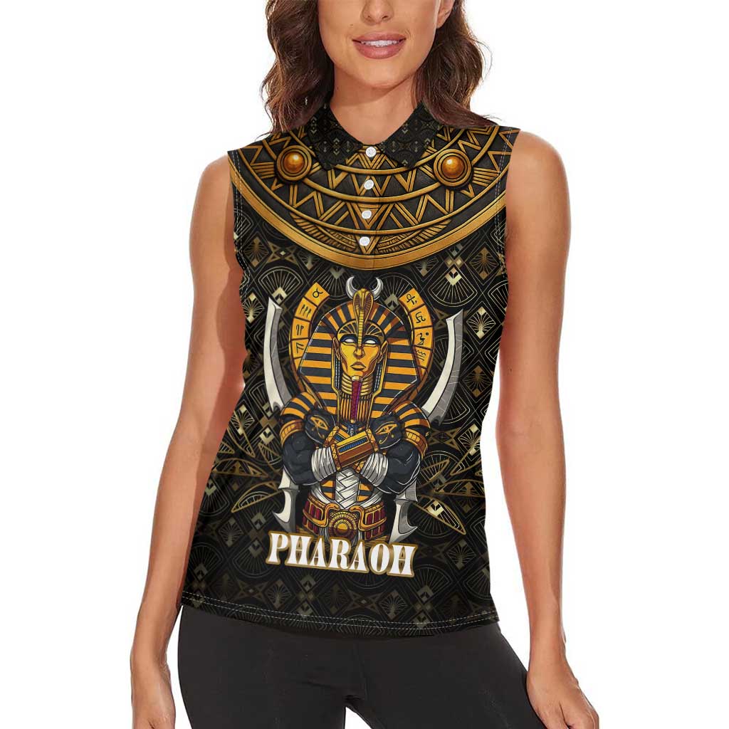 Pharaoh King Tut Egypt Women Sleeveless Polo Shirt with Hieroglyphic Gold Pattern