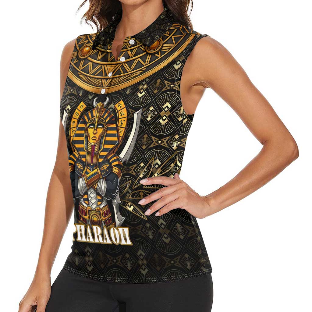 Pharaoh King Tut Egypt Women Sleeveless Polo Shirt with Hieroglyphic Gold Pattern