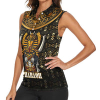 Pharaoh King Tut Egypt Women Sleeveless Polo Shirt with Hieroglyphic Gold Pattern