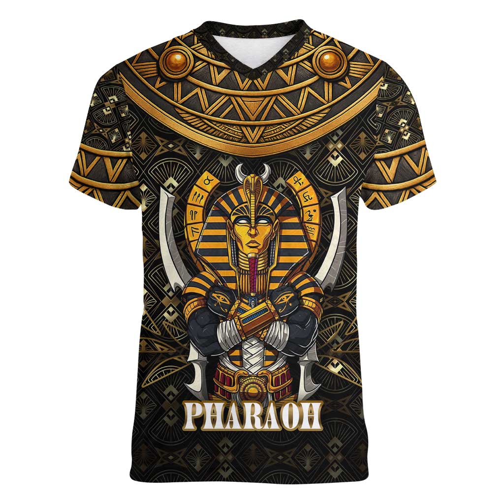 Pharaoh King Tut Egypt Women V-Neck T-Shirt with Hieroglyphic Gold Pattern