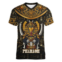 Pharaoh King Tut Egypt Women V-Neck T-Shirt with Hieroglyphic Gold Pattern