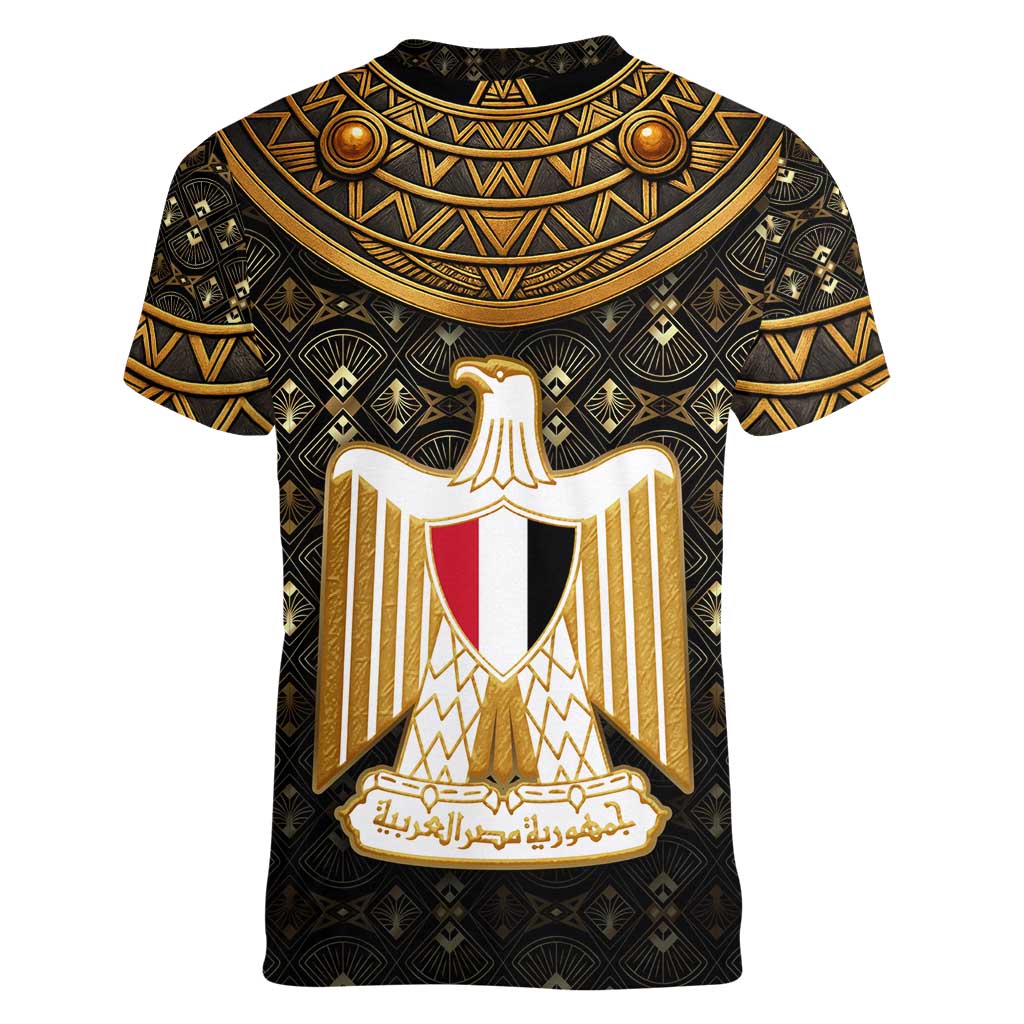 Pharaoh King Tut Egypt Women V-Neck T-Shirt with Hieroglyphic Gold Pattern