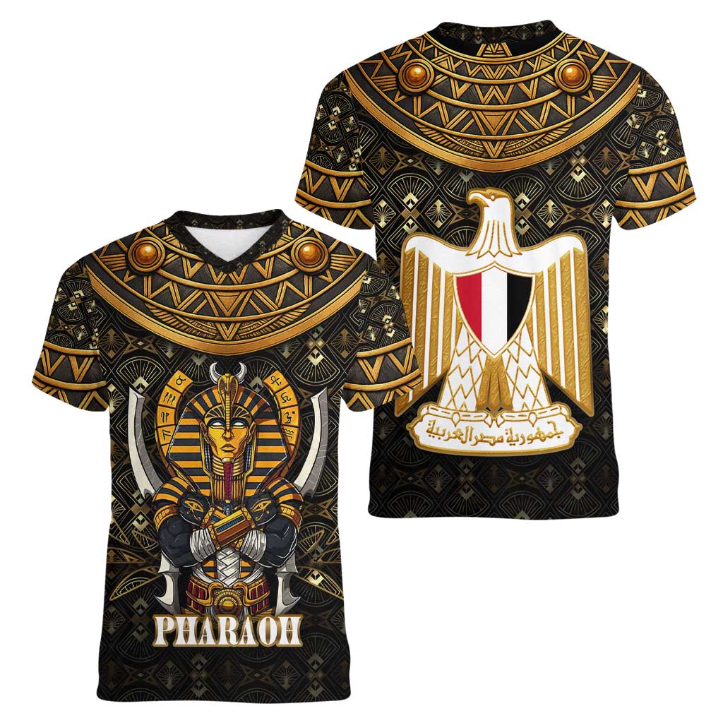 Pharaoh King Tut Egypt Women V-Neck T-Shirt with Hieroglyphic Gold Pattern