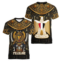 Pharaoh King Tut Egypt Women V-Neck T-Shirt with Hieroglyphic Gold Pattern