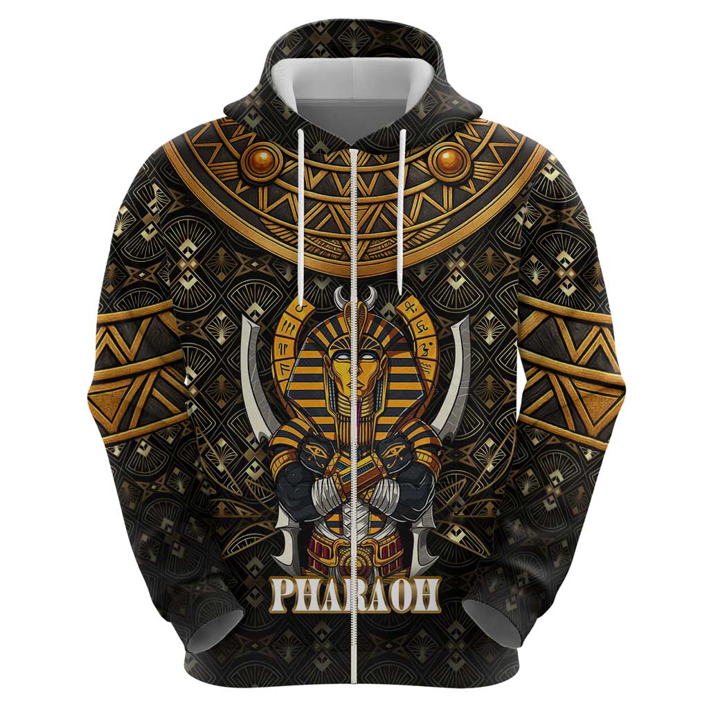 Pharaoh King Tut Egypt Zip Hoodie with Hieroglyphic Gold Pattern