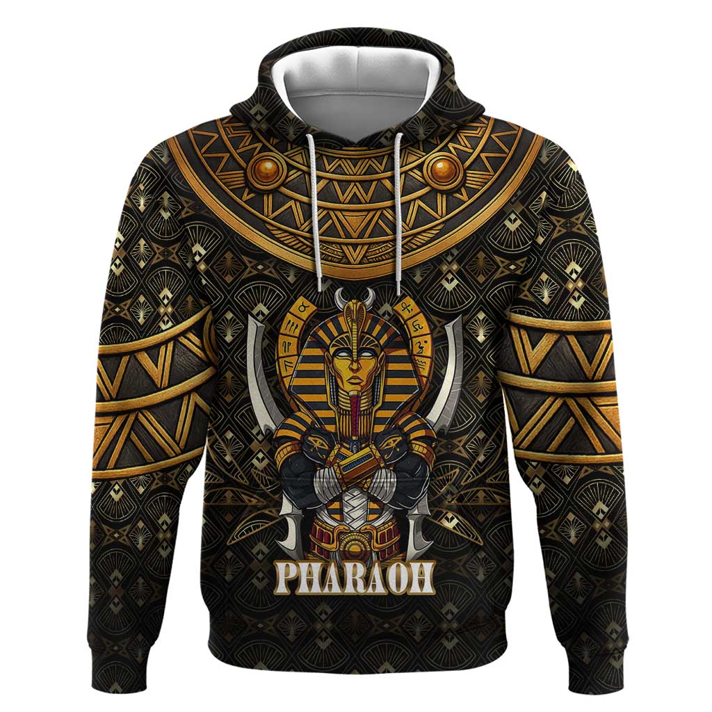 Pharaoh King Tut Egypt Zip Hoodie with Hieroglyphic Gold Pattern