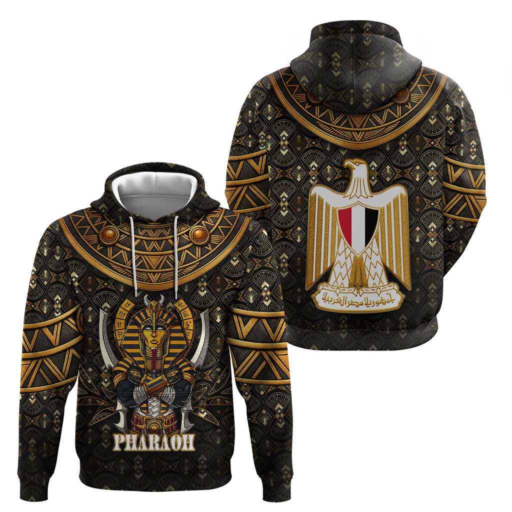 Pharaoh King Tut Egypt Zip Hoodie with Hieroglyphic Gold Pattern