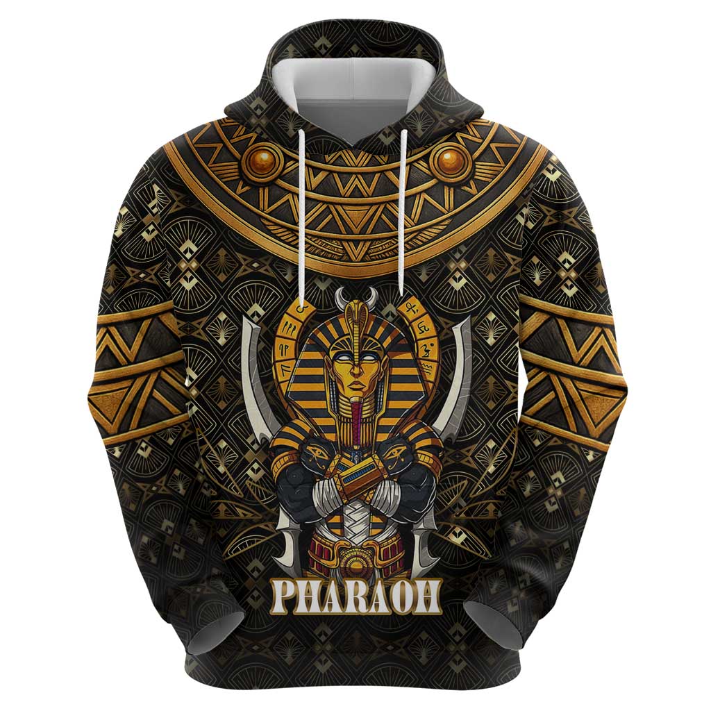 Pharaoh King Tut Egypt Zip Hoodie with Hieroglyphic Gold Pattern