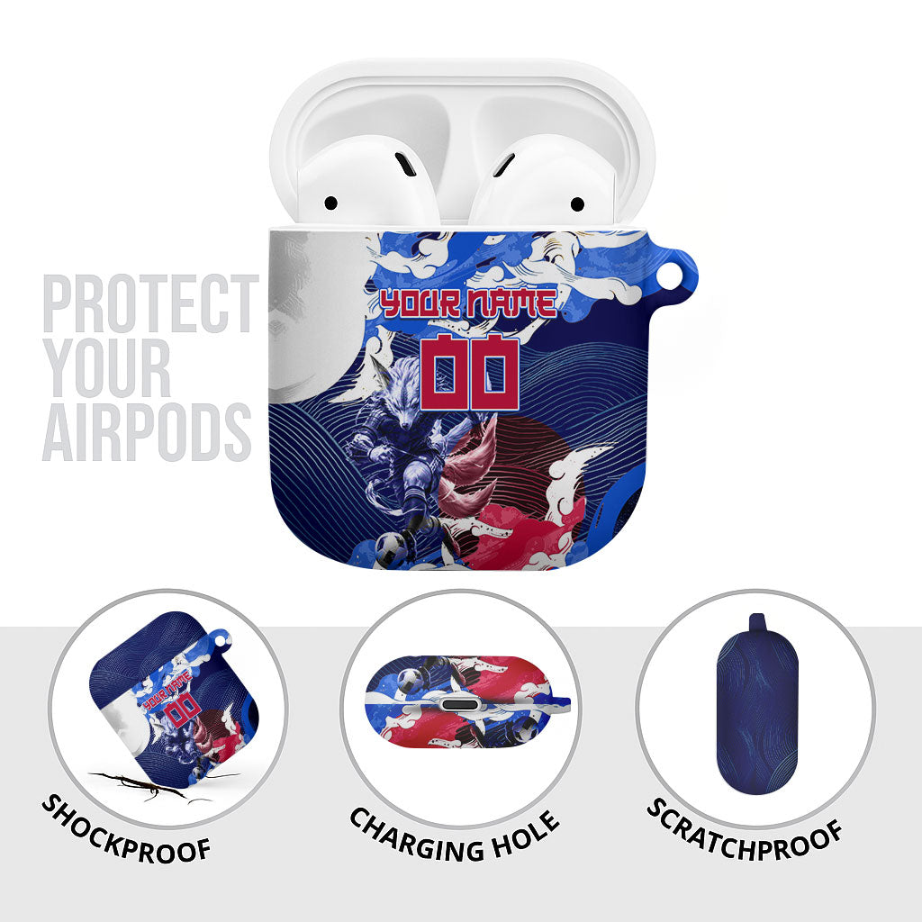 Personalized Japan Football AirPods Case Kitsune Samurai Mascot - Traditional Wave Heritage