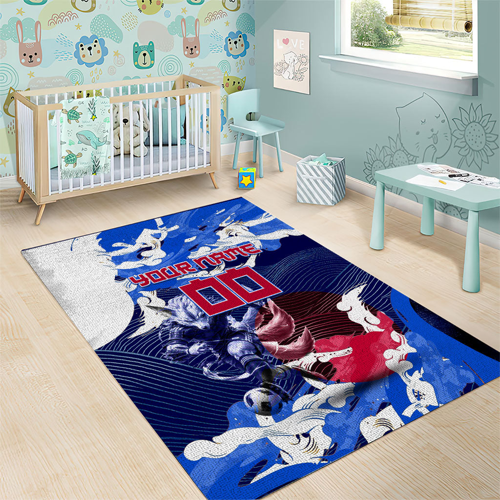 Personalized Japan Football Area Rug Kitsune Samurai Mascot - Traditional Wave Heritage