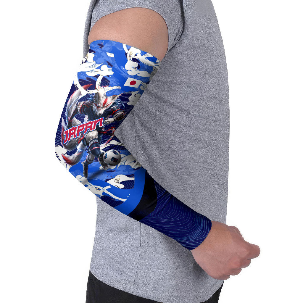Personalized Japan Football Arm Sleeves Kitsune Samurai Mascot - Traditional Wave Heritage