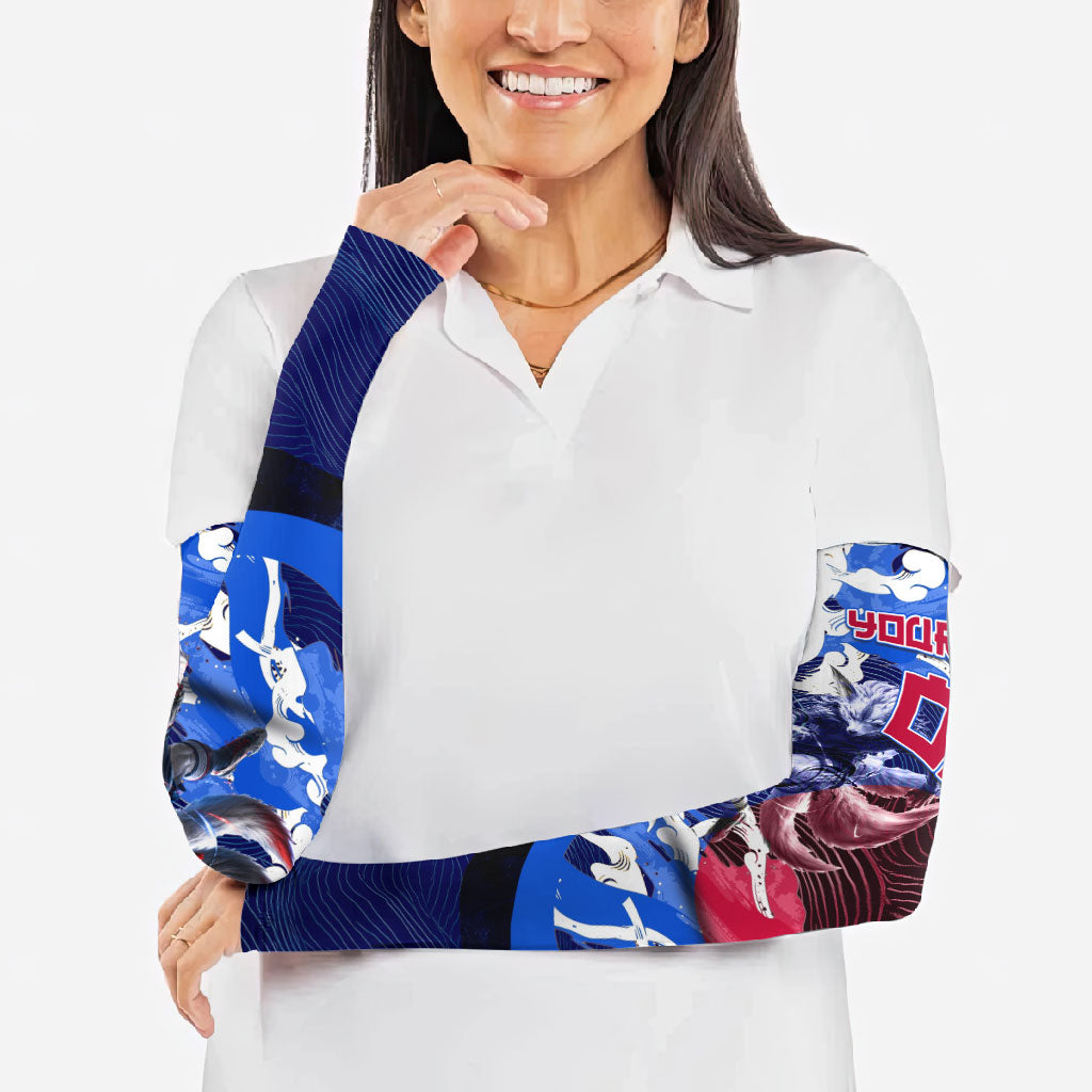 Personalized Japan Football Arm Sleeves Kitsune Samurai Mascot - Traditional Wave Heritage