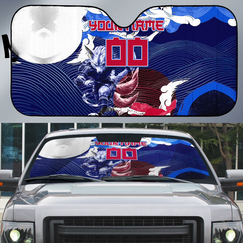 Personalized Japan Football Auto Sun Shade Kitsune Samurai Mascot - Traditional Wave Heritage