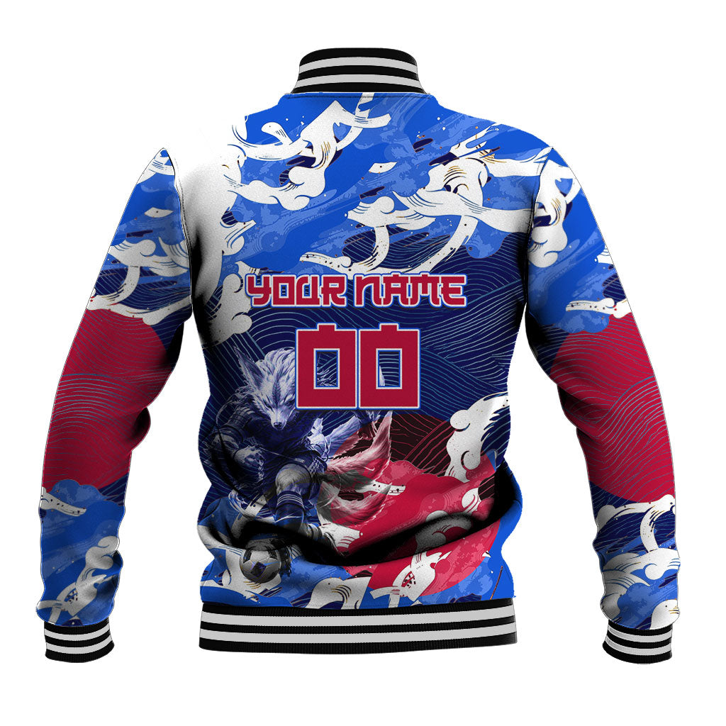 Personalized Japan Football Baseball Jacket Kitsune Samurai Mascot - Traditional Wave Heritage