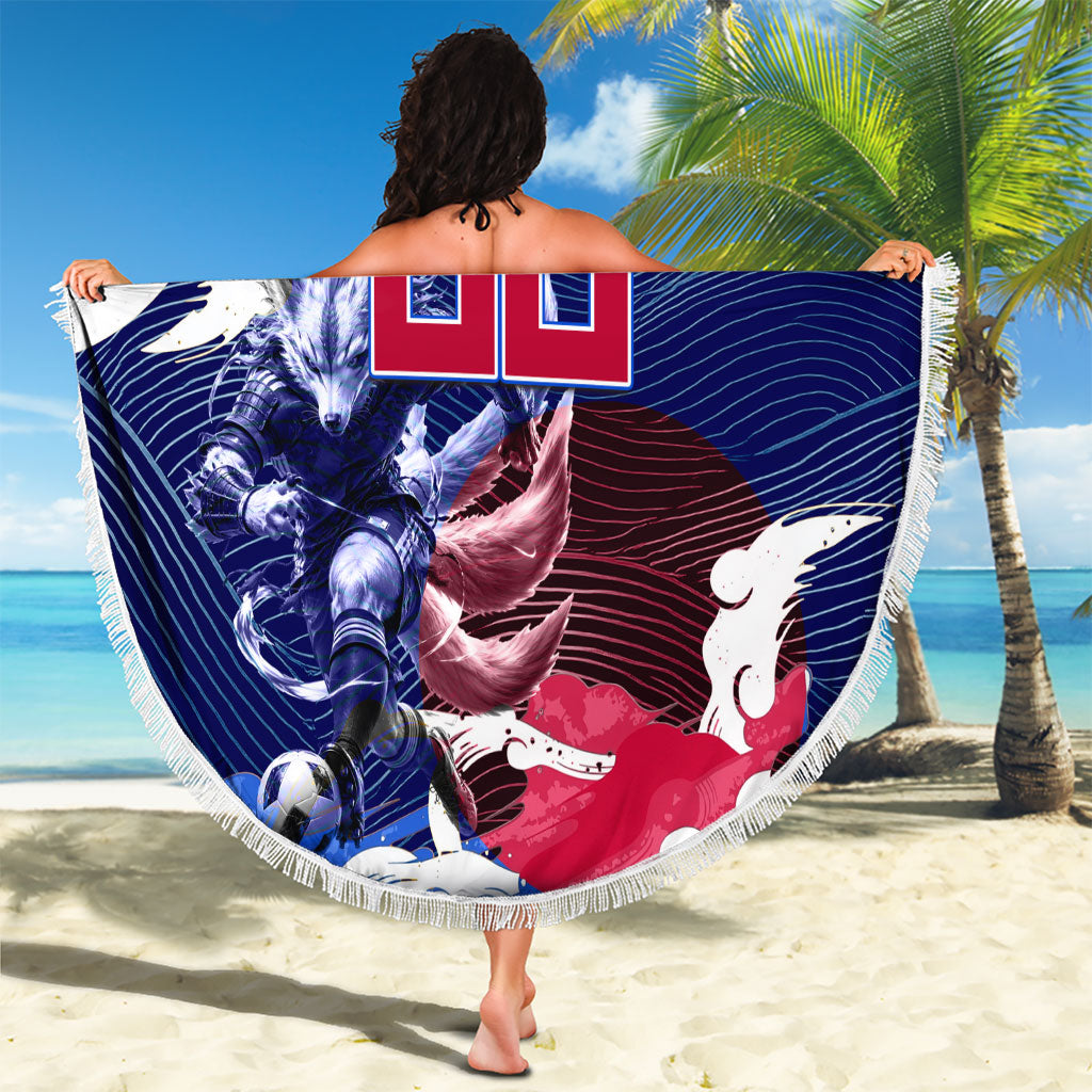 Personalized Japan Football Beach Blanket Kitsune Samurai Mascot - Traditional Wave Heritage