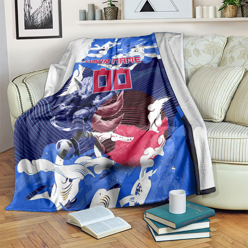 Personalized Japan Football Blanket Kitsune Samurai Mascot - Traditional Wave Heritage